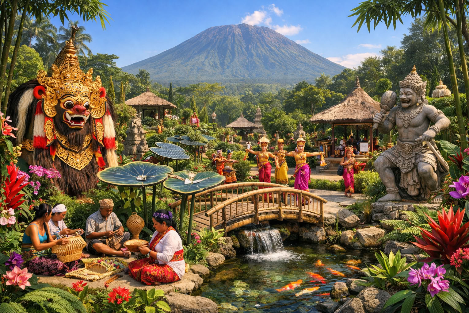 image of a lush, tropical Balinese landscape with Mount Agung towering in the background.