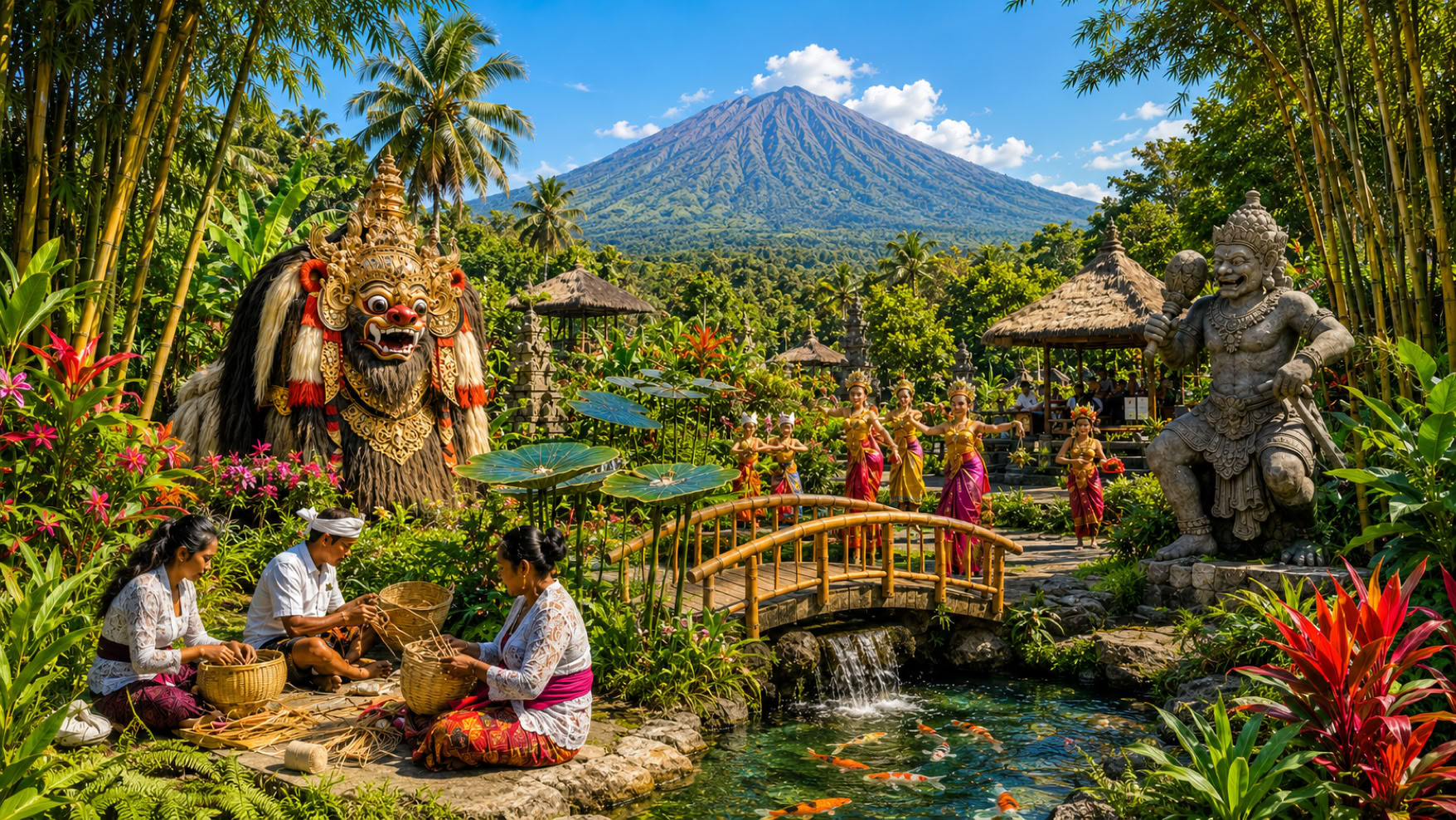 image of a lush, tropical Balinese landscape with Mount Agung towering in the background.